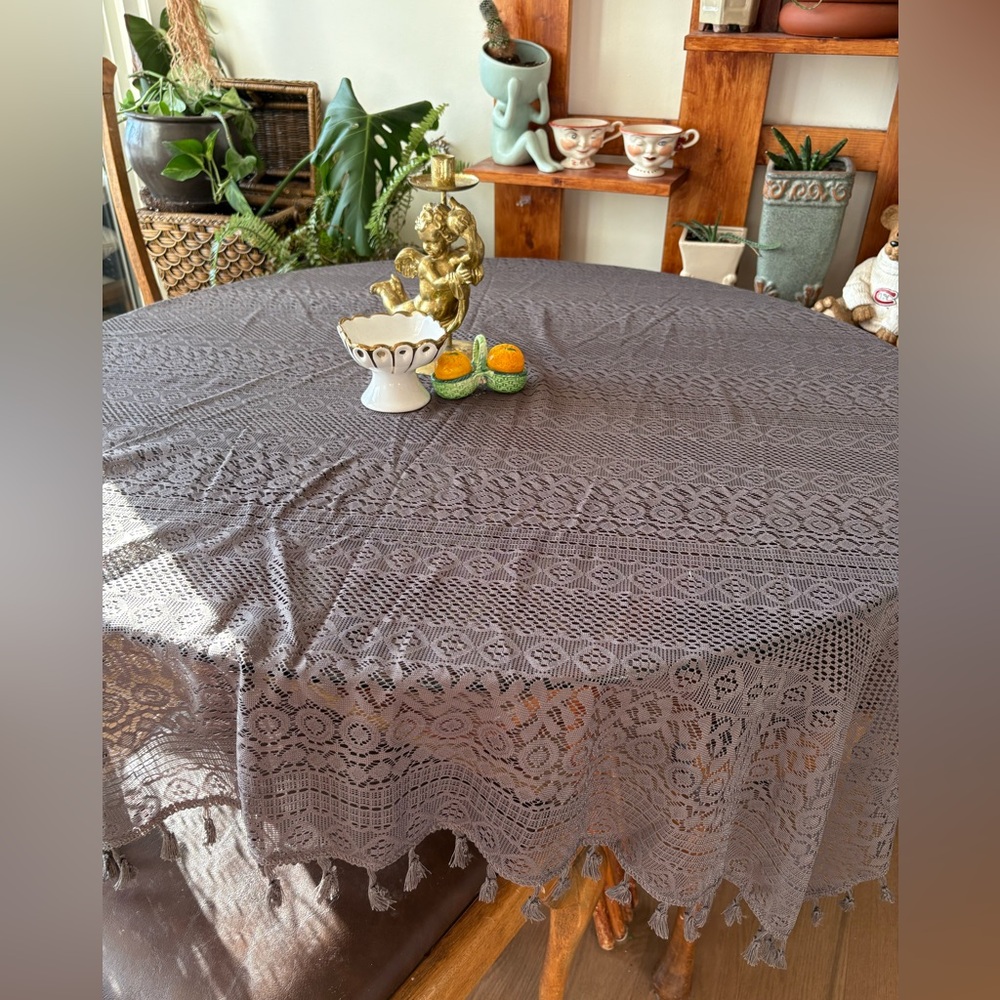 3/$10 Charcoal Lace Square Tablecloth w/ Tassel Trim